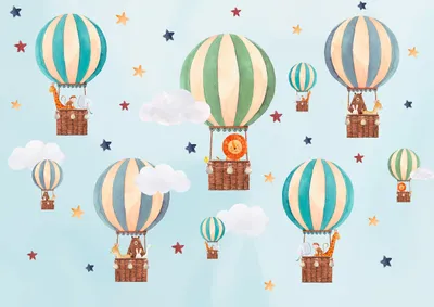 Produktbild von Vlies Fototapete Kinderzimmer Himmel Heißluftballons Sterne Tiere (VEXXL - 312cm x 219cm -3 Bahnen) Wohnzimmer Schlafzimmer Wandtapete Tapete Latexdruck UV-Beständig Geruchsfrei Hohe Auflösung Montagefertig