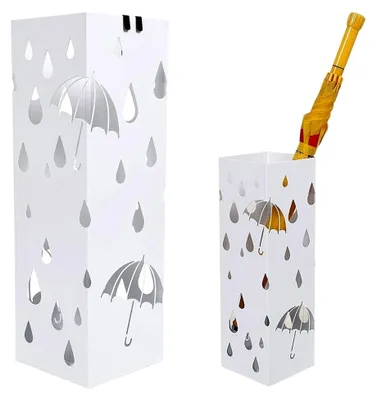 Produktbild von Regenschirmständer Metall Weiß mit Wasserauffangschale und Haken für Regenschirme quadratisch 49x15,5x15,5 cm