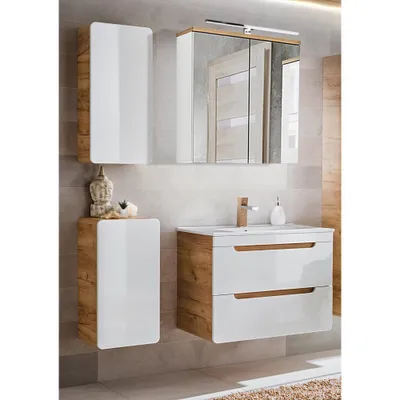 Produktbild von Badmöbel Set in weiß Hochglanz mit Wotan Eiche Nb. LUTON-56 Keramik-Waschtisch und LED-Spiegelschrank B/H/T ca. 131/195/46 cm