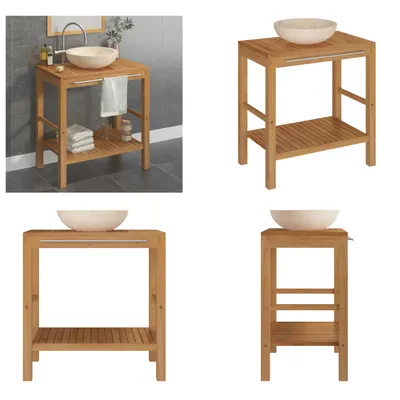 Image de vidaXL : Meuble vasque en bois massif teck avec vasque en marbre crème - Meuble sous vasque - Meubles sous vasque - Armoire de salle de bain - Armoires de salle de bain