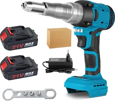 Image de Pistolet à clous électrique - Riveteuse à pointes aveugles sans balais, 20 000 N - pour rivets de 2,4 à 5,0 mm - Extracteur de rivets automatique pour acier inoxydable et aluminium - 2 batteries