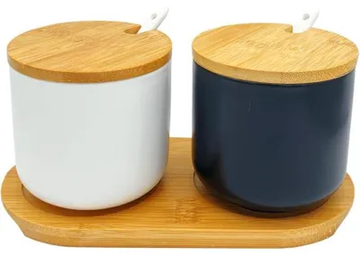 Produktbild von 2er Set Keramik Gewürzdosen mit Löffel und Deckel 260ml Schwarz/Weiß