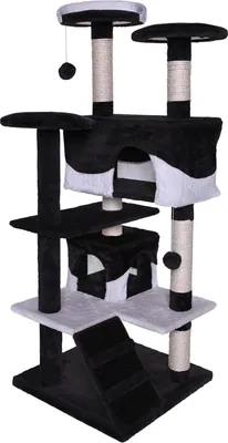 Produktbild von lionto Katzenkratzbaum, 130 cm großer Kratz- & Spielbaum mit 2 Höhlen, Treppe, 3 Liegeflächen & Sisalstämmen, schwarz/weiß
