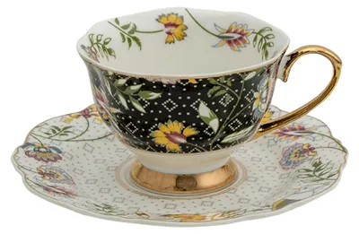 Image de Clayre & Eef Tasse avec soucoupe 200 ml Blanc Noir Porcelaine Fleurs