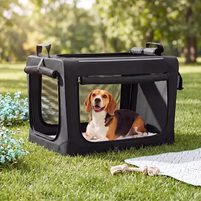 Produktbild von FEANDREA Faltbare Hundetransportbox mit Stahlrahmen und 4 Netztüren, 70 x 52 x 52 cm, Schwarz und Grau