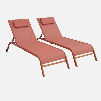 Immagine prodotto di Set 2 lettini prendisole in acciaio con cuscino e ruote multiposizione, Terracotta