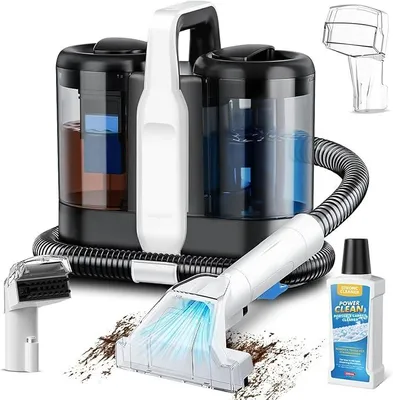 Zdjęcie produktu dla Urządzenie do czyszczenia tapicerki, 600W, odkurzacz piorący do dywanów i tapicerki o mocy ssania 18 kPa | Zbiornik na świeżą wodę o pojemności 1,5L, urządzenie do usuwania plam z sof, dywanów, samochodów i usuwania sierści zwierząt, system z podwójnym zbiornikiem i funkcją rozpylania (biały)