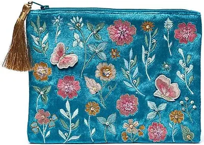 Produktbild von Samtbeutel mit Reißverschluss, Blau, mit Blumen – 20 x 15 cm