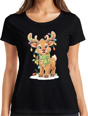 Produktbild von Weihnachtsrentier Niedlich Kinder Weihnachten Lichterkette Cartoon Damen T-Shirt, Schwarz, M