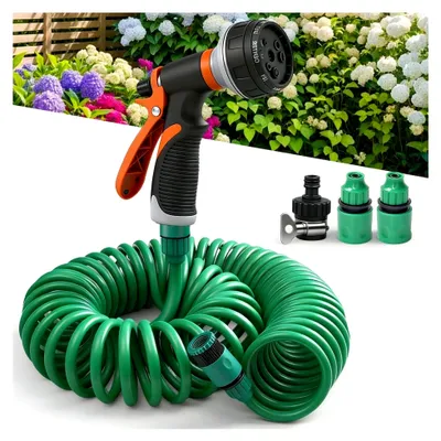 Produktbild von Flexibler Spiralschlauch für Wasser, 15M mit 8-Funktionsbrause und Schlauchverbindern, Handbrause für Garten, Autowäsche und Haustierpflege