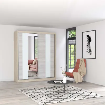 Obrázek produktu pro Šatní skříň s posuvnými dveřmi Šatní skříň 183 cm Sonoma/Kathult se zrcadlem a skleněnou vložkou Lacobel Multi 32