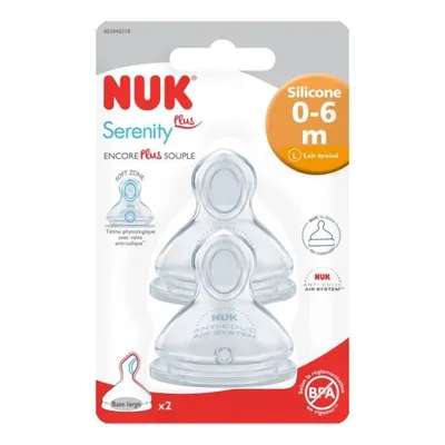 Imagen del producto de NUK 2 tetinas de silicona de base ancha, línea SERENITY, para biberones de 0-6 ml, aptas para leche infantil