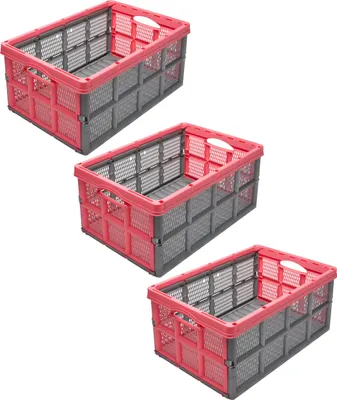 Produktbild von Garronda 3 Stück Transportbox Klappbox Klappkiste Faltbox Faltkiste 51 x 34,5 x 22,5 cm (Grau/Pink) GD-CRI-FoldBox
