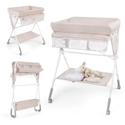 Immagine prodotto di COSTWAY Fasciatoio pieghevole 3 in 1, cassettiera per il cambio con regolazione in altezza, cestino portaoggetti e rotelle; materassino per il cambio portatile fino a 11 kg, beige