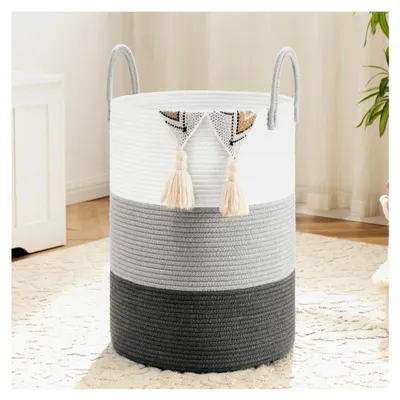 Produktbild von Geflochtener Wäschekorb aus Baumwolle, 60L Wäschesammler mit Henkel, Aufbewahrungskorb für Spielzeug, Wäschebox für Kinderzimmer, Wohnzimmer und Bad