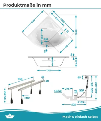 Produktbild von Calmwaters® Eckbadewanne Komplettset 150x150 cm Curved Wellness, EU, 4in1 Acryl-Wanne mit Schürze, Wannenfüßen & Ablaufgarnitur, Duowanne mit integriertem Sitz, Eckwanne 150 x 150, Weiß