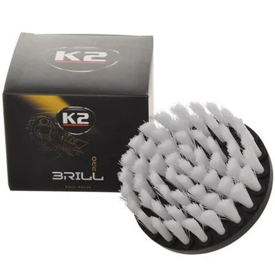 A product shot of a K2 Brill drill brush next to its packaging.