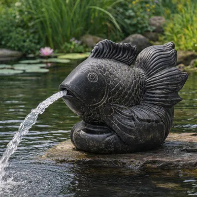 Produktbild von Koi Fisch Springbrunnen – Garten Terrasse Teich Deko – Wetterfest – Stein Figur Wasserspiel – 60 cm