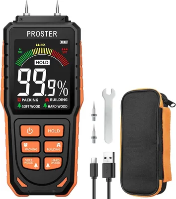 Productafbeelding van Vochtmeter USB C met LCD-display, 3 kleuren en alarm, vochttester voor muren van zacht hardhout en metselwerk, 4 meetmodi, 19 mm diepte