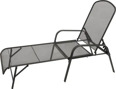 A dark gray metal chaise lounge chair with armrests, shown from a side-angle on a white background.