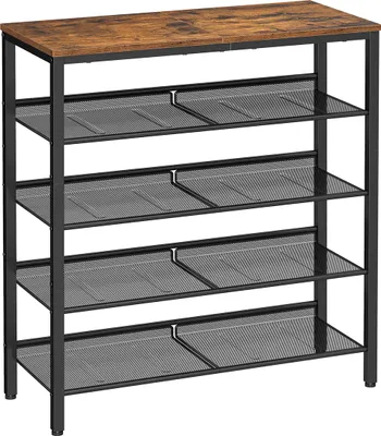 Productafbeelding van Hoppa! | Schoenenrek | 5-laags met een ruim opbergvlak voor tassen, 28 x 75 x 93 cm, metaal, industriële stijl, vintage bruin-zwart