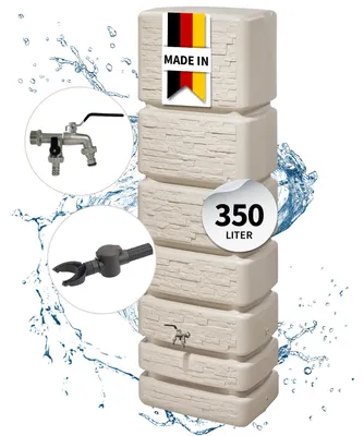 Produktbild von 4rain SLIM STONE DECOR Regentonne Wandtank Komplett-Set 350 Liter sandbeige inkl. Chrom-Doppelauslaufhahn und Fallrohranschluss