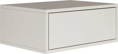 A white hanging nightstand with a single drawer.