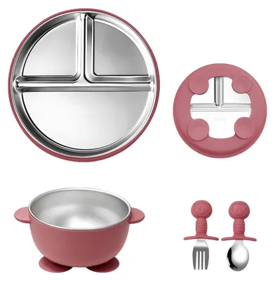 Produktbild von Babybesteck-Set, 4-teilig, aus Edelstahl mit Saugnapf und Silikon – Ergonomisches und rutschfestes Design für selbstständiges Essen