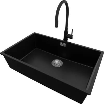 Produktbild von PRIMAGRAN Unterbauspüle Granit Schwarz 76x47cm, Spülbecken 1 Becken + Küchenarmatur 40x38cm + Ablauf-Set, Granitspüle ab 80er Unterschrank - London