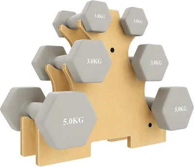 Imagen del producto de Conjunto de mancuernas: 3 pares de 1 kg, 3 kg y 5 kg, con soporte de madera