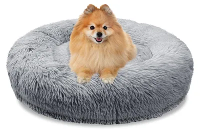 Produktbild von BLUZELLE Orthopädisches Hundebett Kleine Hunde & Katzen, 60cm Donut Kissen Waschbar Rund Memory Foam Katzenbett Plüsch Hellgrau