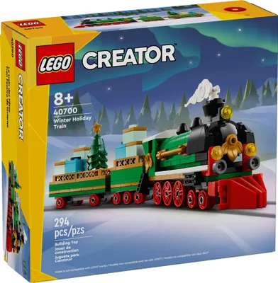 The image shows the packaging of a LEGO Creator Winter Holiday Train set, with the train model prominently displayed on the box.