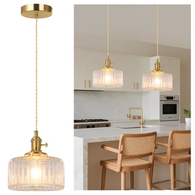 Produktbild von Glas Pendelleuchte Vintage Hängelampe mit Glasschirm Höhenverstellbare Deckenleuchte für Kücheninsel, Esszimmer, Schlafzimmer