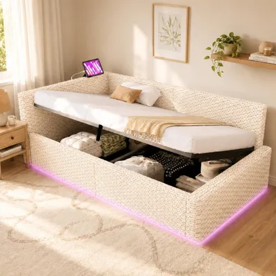 Obrázek produktu pro Čalouněná postel STILVORA 90×200 cm s LED osvětlením, postel pro mládež s USB-C porty a opěrkou ve tvaru L z sametu, hydraulický rošt s úložným prostorem, sametová postel bez matrace, béžová