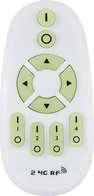 A white remote control with green buttons and text.