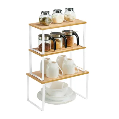 Produktbild von Gewürzregal, 3er Set Küchen-Organizer, Küchenregal, stapelbar, erweiterbar, Metall und Holzwerkstoff