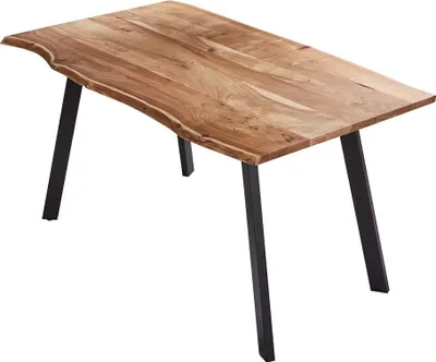 Produktbild von Esszimmertisch 140x80 cm Laxmi, echte Baumkante, naturfarben, massiver Esstisch aus Akazienholz, Baumkantentisch mit Vier Metallbeinen Schwarz