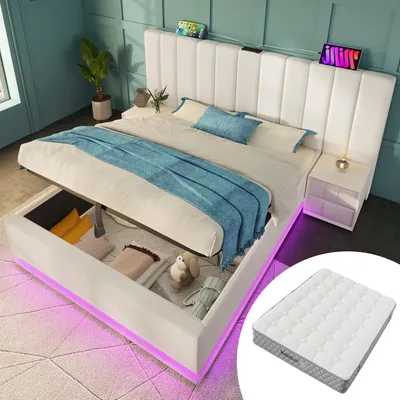 Image de Lit rembourré 180 x 200 cm,via application, LED, USB-C, espace de rangement, blanc, 211 x 268 x 112 cm