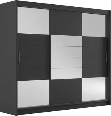 Produktbild von Furniture24 Kleiderschrank Aruba II 250 Schlafzimmer 3 Türiger Schwebetürenschrank Schrank mit Kleiderstange 2 Schubkästen Graphite/Graphite Glas