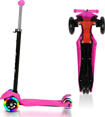 Obrázek produktu pro Dětská koloběžka Fiqops KinderRoller tříkolová koloběžka s LED kolečky, dvoukolová zadní brzda, nosnost do 50 kg, pro děti dívky chlapce od 3 let (růžová)