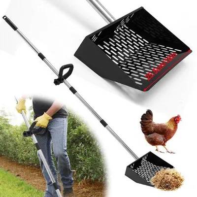 Imagen del producto de Unyqoos® Pala para recoger estiércol de gallinas, 38 cm – Pala de metal ergonómica, con mango ajustable en altura hasta 137 cm, y revestimiento resistente a la corrosión, ideal para gallineros