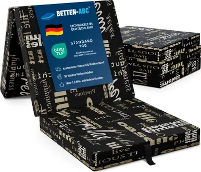 A folded mattress is shown in its packaging, with a close-up view of the packaging's design and information labels.