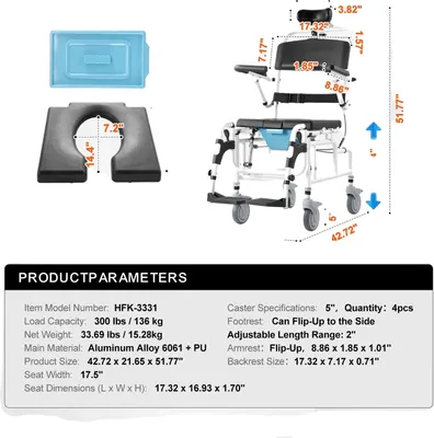 Produktbild von Duschrollstuhl, Sitzbreite, 300 lbs Tragfähigkeit, Aluminiumlegierung Konstruktion, 175in