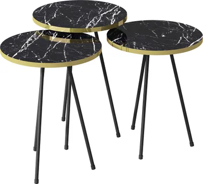 Produktbild von 3er Set Beistelltische in schwarzer Marmoroptik, schwarze Metallfüße, 6160