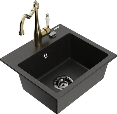 Produktbild von Mexen Milo 1-Becken-Granit-Spüle mit Mischbatterie Carla, Schwarz/Gold metallisch - 6505-75-670700-50-B