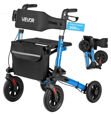 Produktbild von VEVOR Rollator 3-Fach Faltbar mit Sitz, Leichter Gehwagen mit 4 Reifen, Gehhilfe bis 136 kg mit Rückenlehne Tasche Gehstockhalter, Höheverstellbare Laufhilfe mit Feststellfunktion für Senioren, Blau