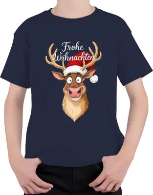 Produktbild von Frohe Weihnachten Lustiges Rentier Weihnachtsmütze Cartoon Humor Uni Kinder T-Shirt, Navy, 140
