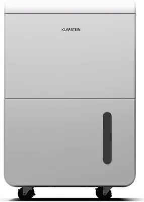 A front view of a white dehumidifier with a water level indicator on the right side and wheels on the bottom.
