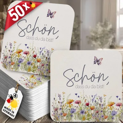 Produktbild von 50 Bierdeckel Schön dass du da bist, Floral Butterfly Wildblumen Quadratisch