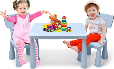 Produktbild von 3tlg. Kindersitzgruppe mit 1 Tisch & 2 Stühlen, Kindertisch mit 2 Stühle zum Lernen & Essen & Spielen, Sitzgruppe Kindermöbel Set (Blau)